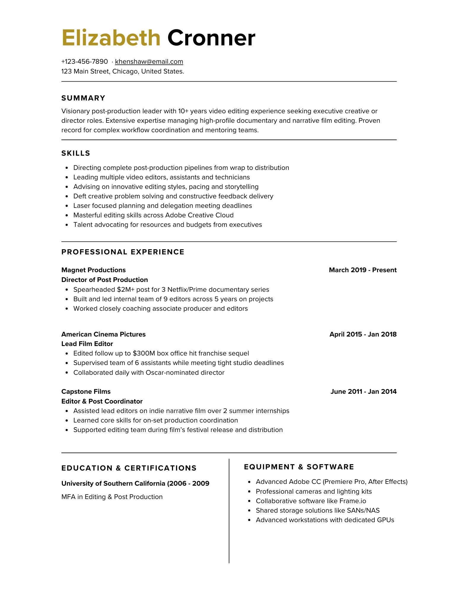 5-1 Freelance Video Editor Resume sample